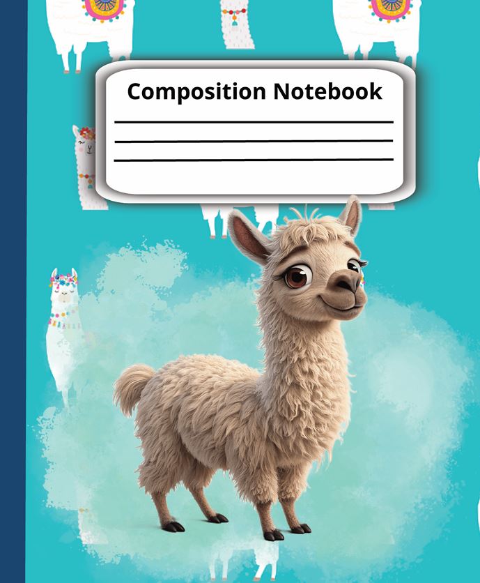 Llama Composition Notebook: Narrow Ruled Paper, 7.5" x 9.25", Cyan Covers, 110 pages cover